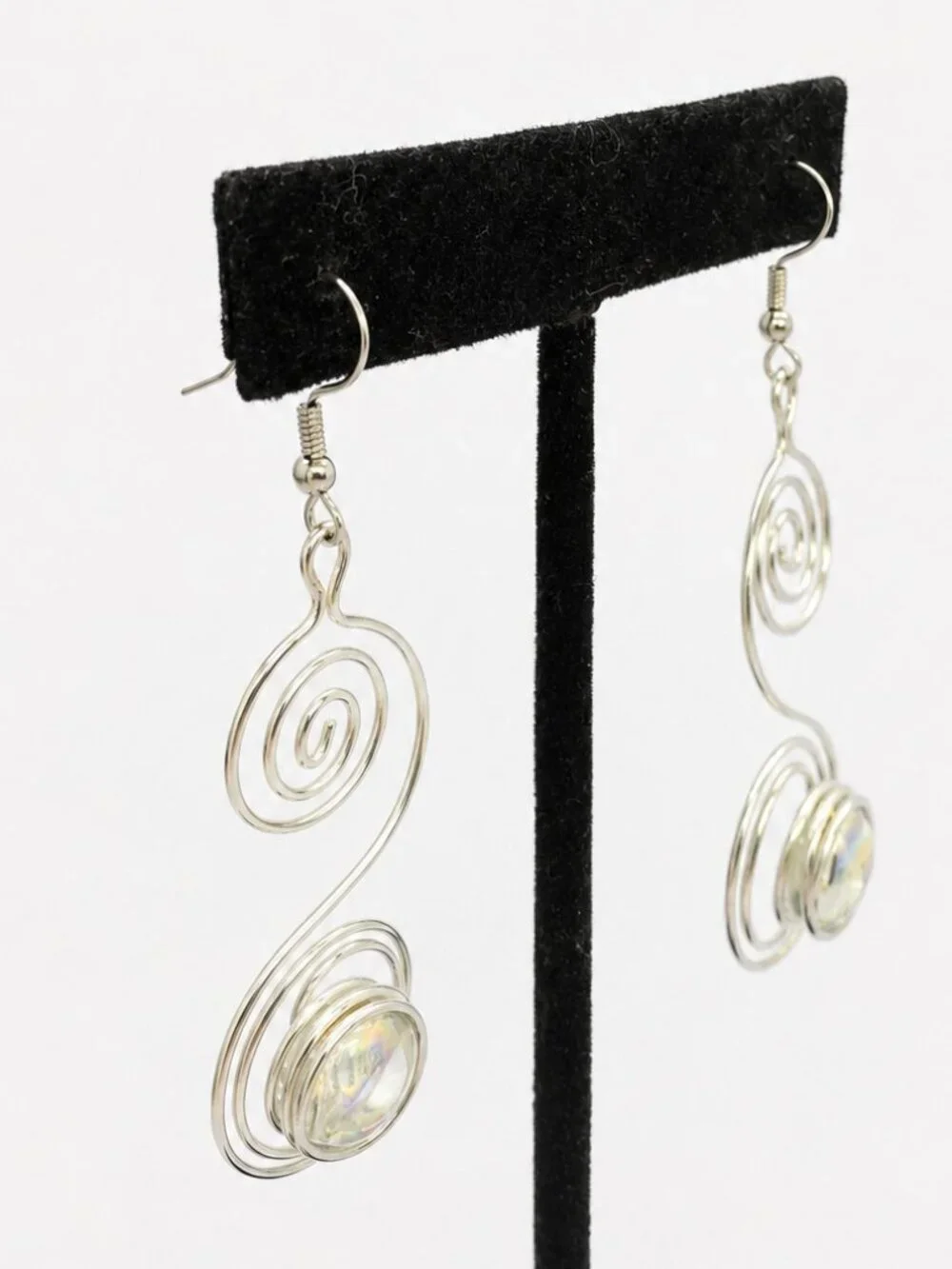 SILVER TONE EARRINGS Spiral Wire Iridescent Cabochon Modernist Dangle Pierced